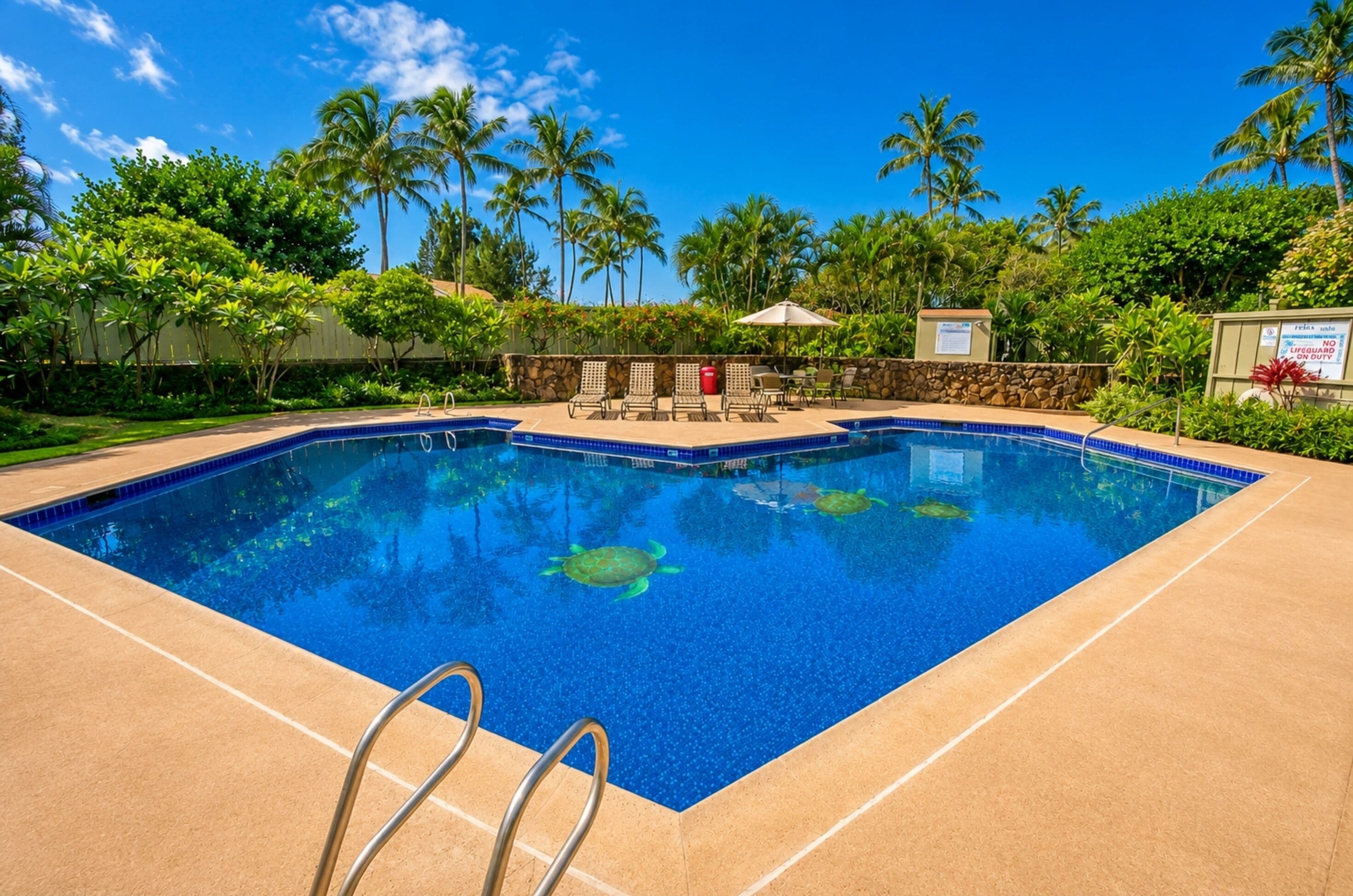 A swimming pool with a clear blue water, surrounded by palm trees and a stone wall.