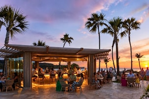 An outdoor bar area with seating, palm trees, and a view of the sunset.