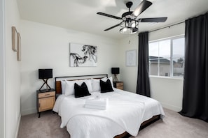 4 bedrooms, desk, iron/ironing board, travel cot