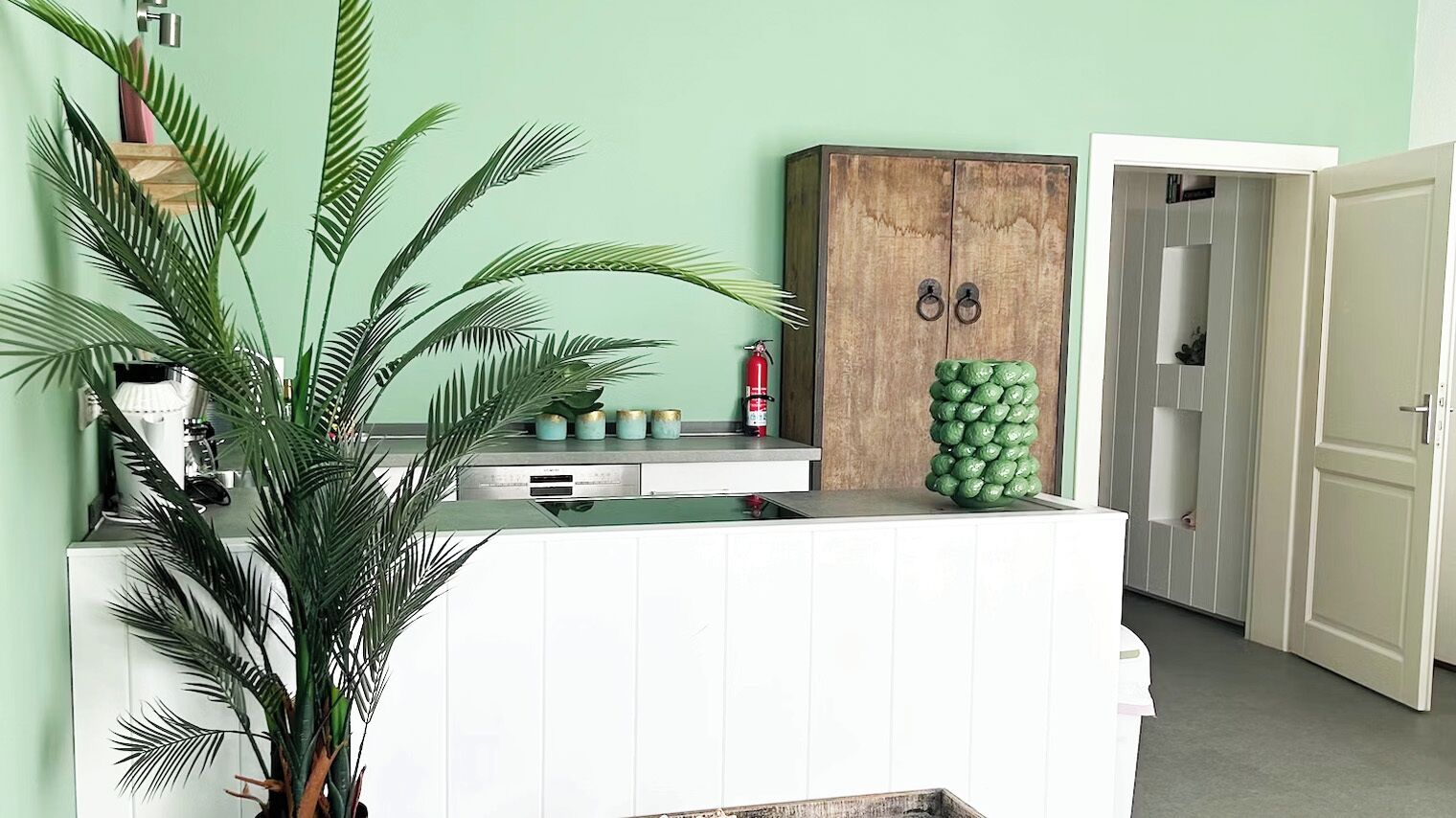 Een keuken met een wit aanrecht, een houten kastje en een groene plant.