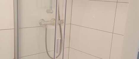 A glass-enclosed shower stall with a handheld showerhead and a control panel.
