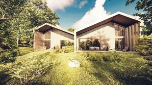 A modern two-story house with a flat roof, large windows, and a grassy yard. - Villa Petru _T5 Zanzimare Casa (Porticcio)