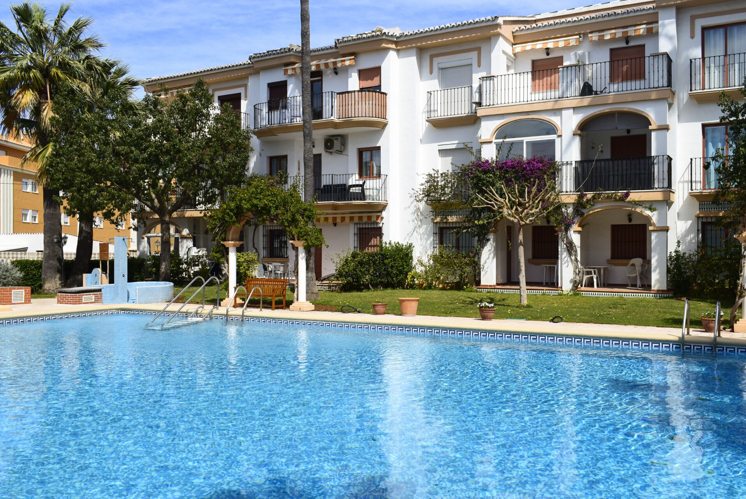 A swimming pool with a tiled edge, surrounded by a building with balconies and a garden area with potted plants.