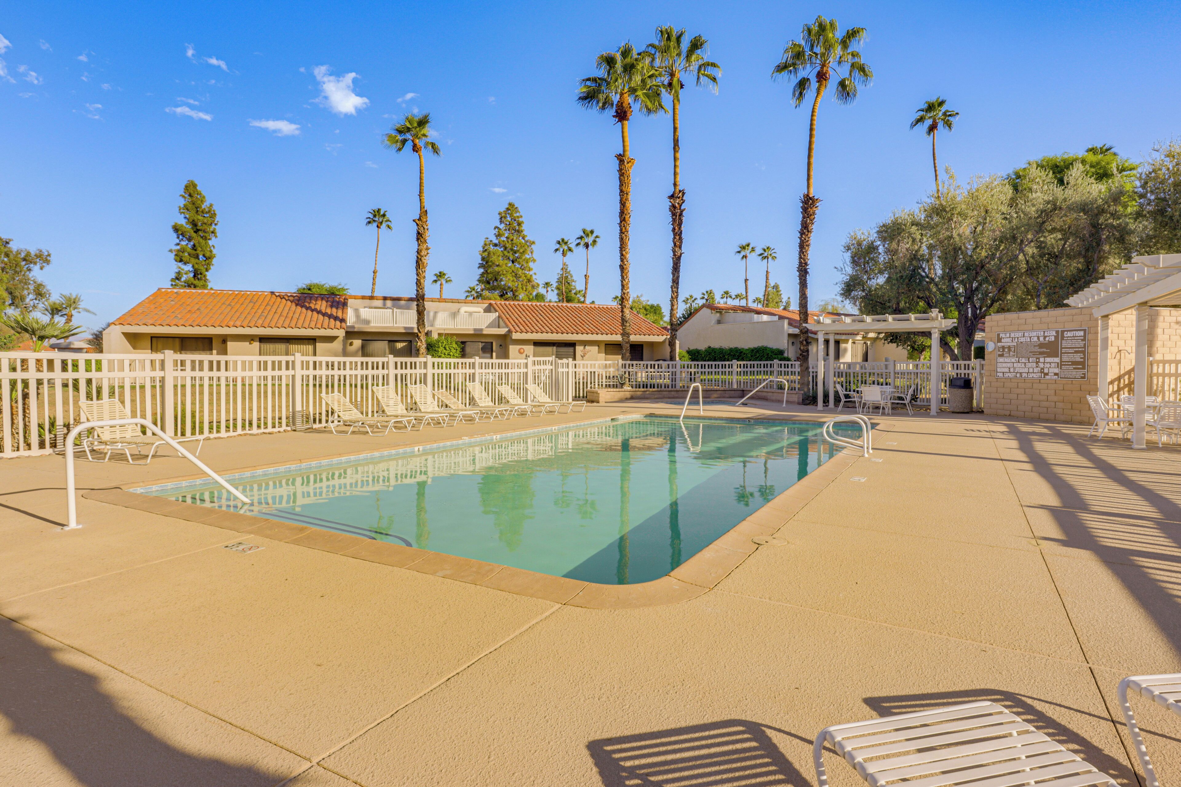 Ein Pool mit Liegestühlen und Palmen im Hintergrund.
