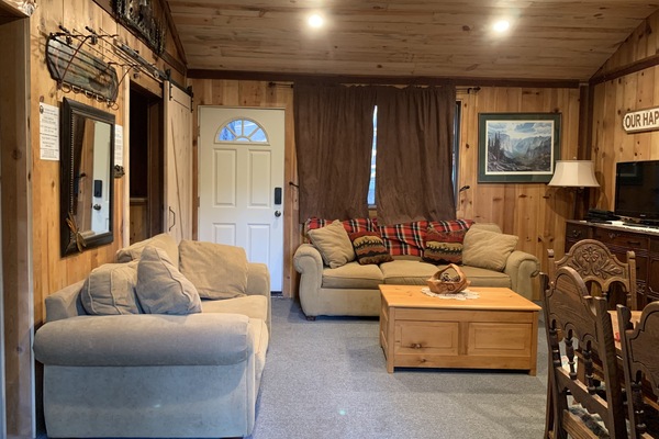 Smart TV, caminetto, lettore DVD, libri