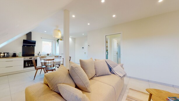 Un appartement moderne comprenant un salon, une cuisine et un coin repas.