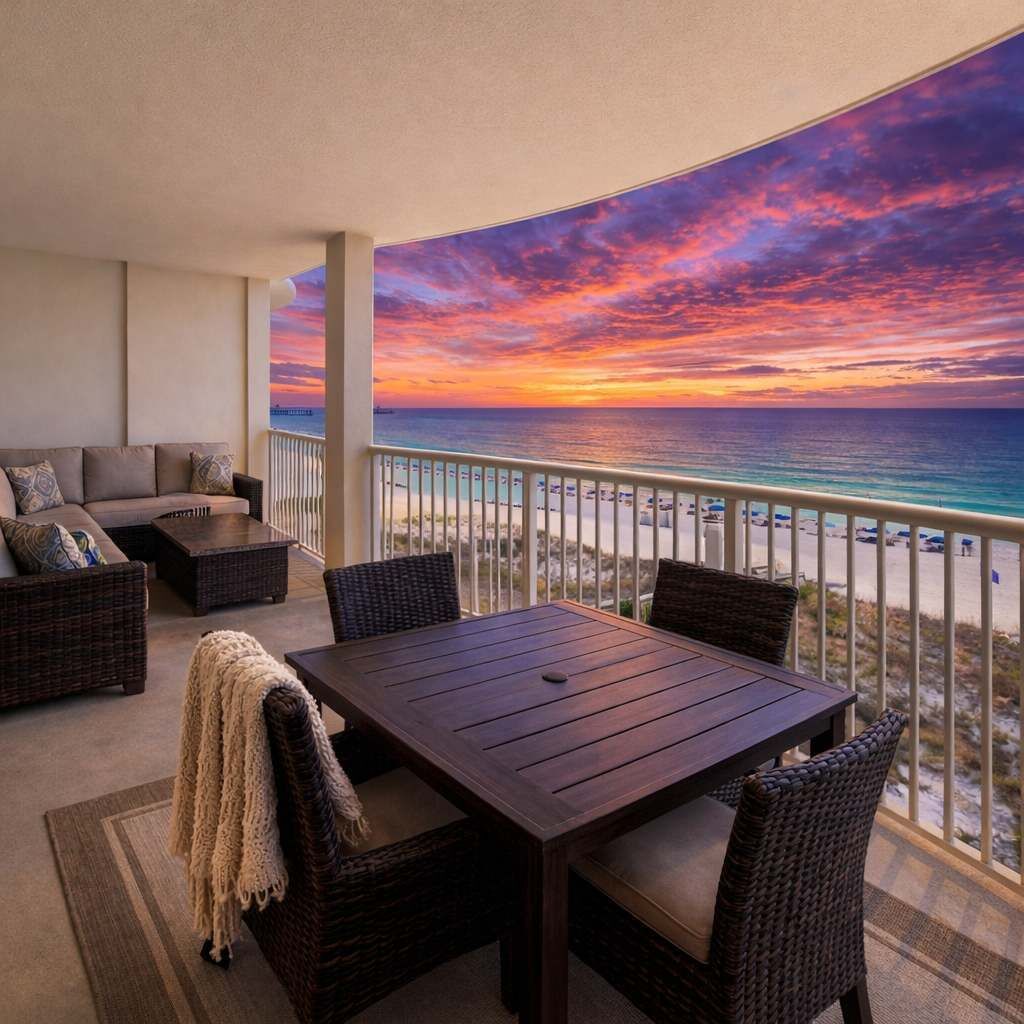 Private beachfront balcony with panoramic Gulf views and space to dine or relax just steps from the sand