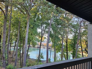 A view of a lake surrounded by tall trees, with a building in the background. - The perfect Getaway, free parking, 5 min walking to Truist park and Roxy (Smyrna)