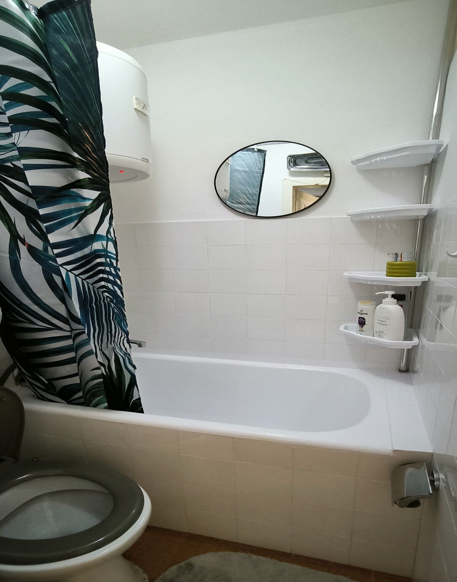 Une salle de bain avec une baignoire, des toilettes et un miroir.