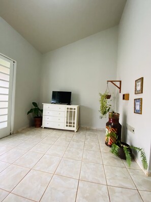 Una televisión de pantalla plana, una mesa de tenis de mesa