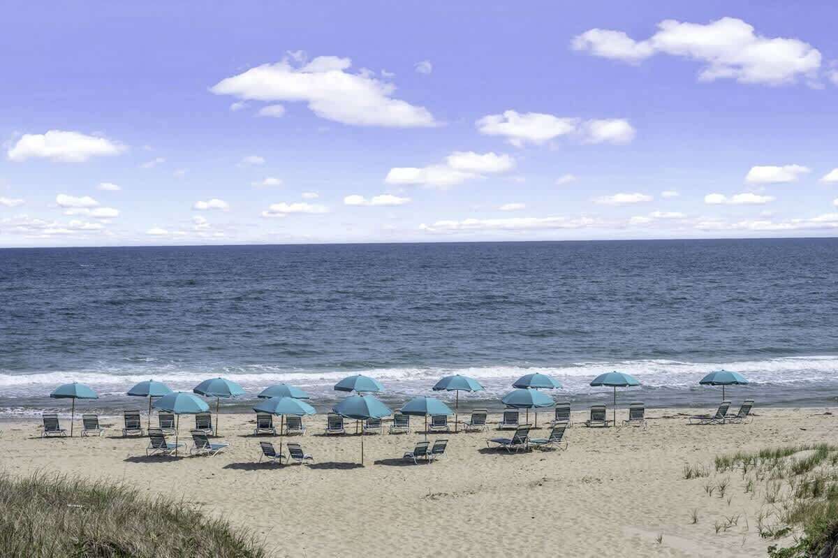 Uma praia com fileiras de cadeiras de praia e guarda-sóis, voltada para o oceano.