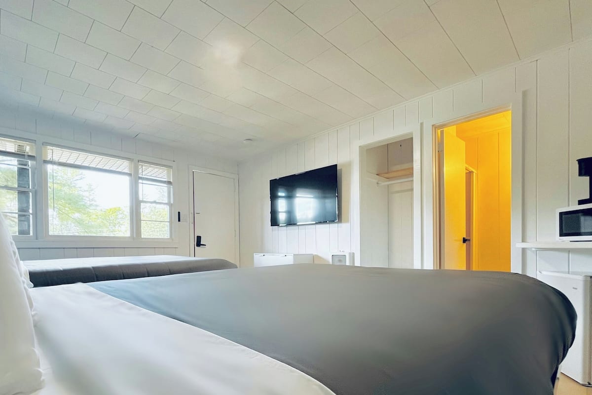 A hotel room with a bed, a TV, a microwave, and a door leading to another room.