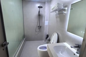 A bathroom with a toilet, a sink, a shower, and a mirror.