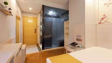 A hotel room with a bed, a desk, a wardrobe, and a sliding door closet.