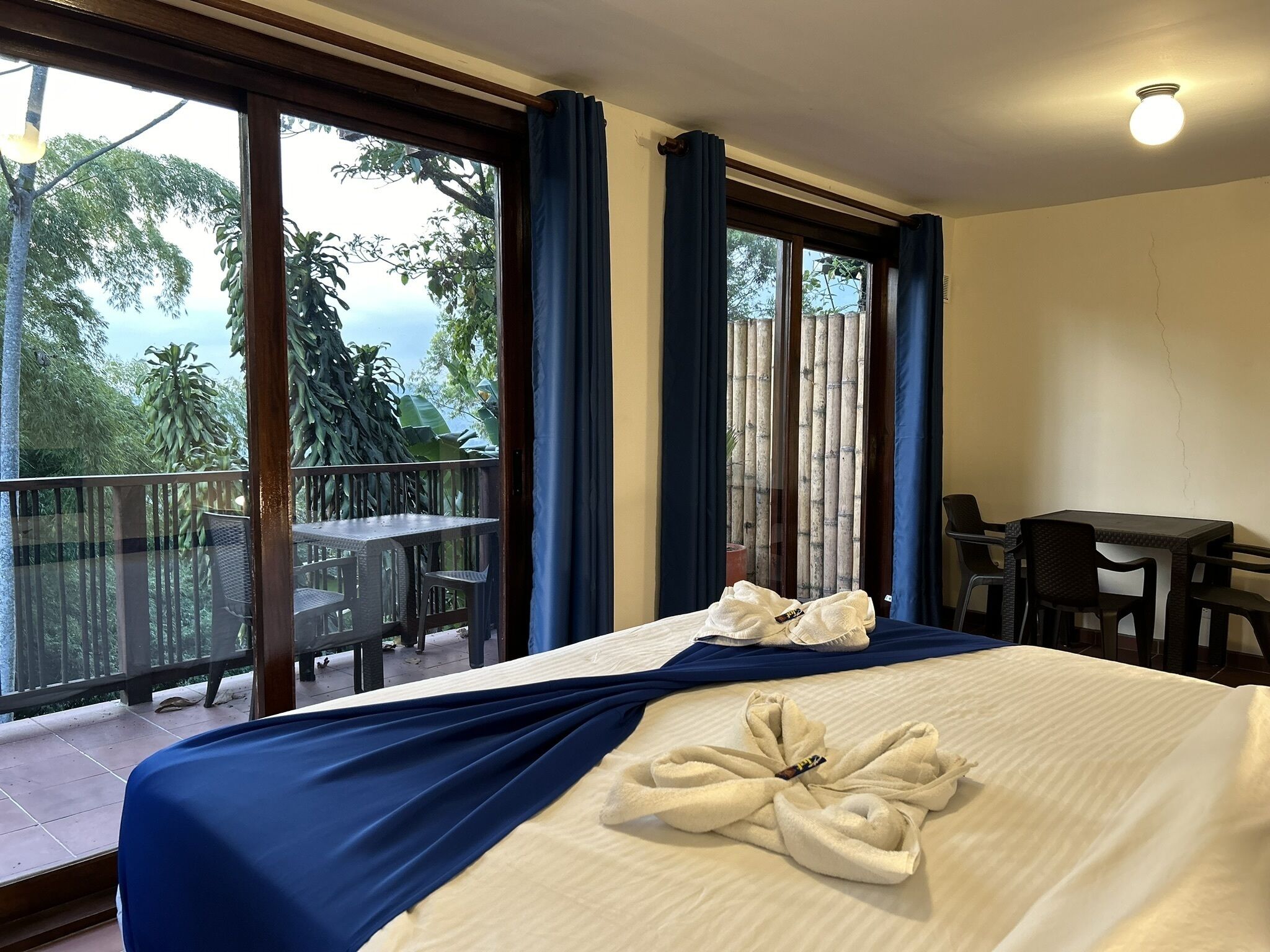 Camera d'albergo con un letto grande, un balcone con tavolo e sedie, e vista su alberi e cielo.