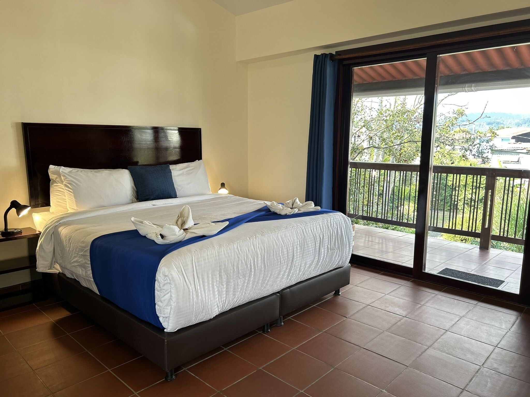 A hotel room with a bed, a nightstand, a lamp, a balcony with a view of greenery and buildings.