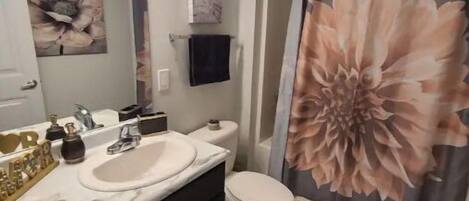 Shower, towels, soap, toilet paper