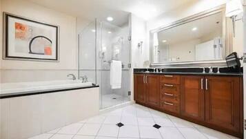 Hair dryer, towels, soap, shampoo