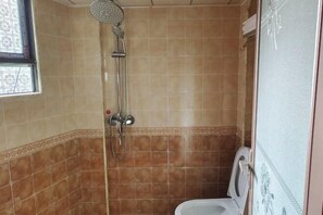 Een kleine badkamer met een douche, toilet en raam.