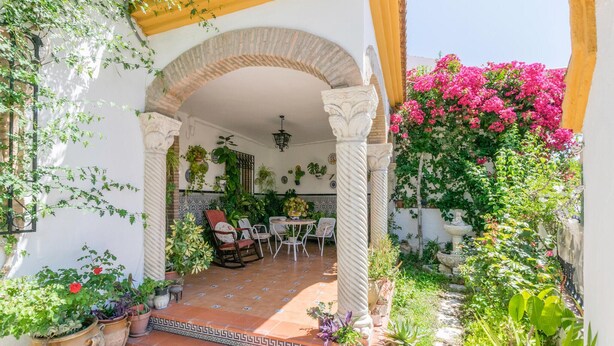 Un patio exterior con suelo de baldosas, una pérgola y varias plantas en macetas.