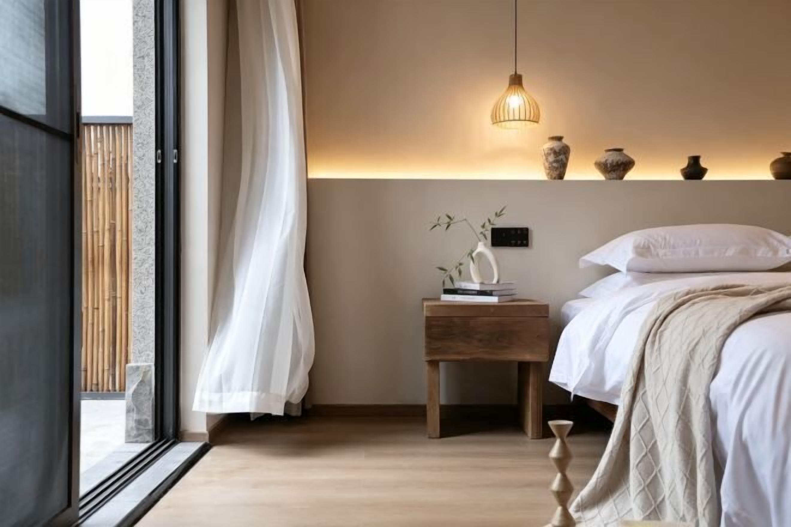 A bedroom with a bed, bedside table, lamp, and decorative items on the wall.