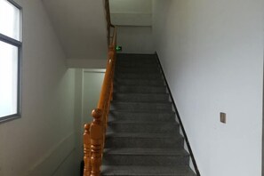 Eine Treppe mit Holzgeländer und Teppichstufen, die zu einer oberen Etage führt.
