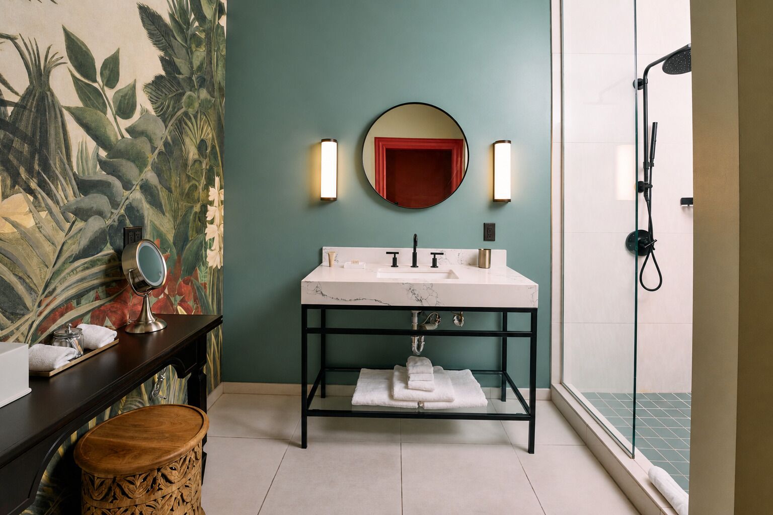 A bathroom with a marble sink, a round mirror, a shower, and a decorative wall.