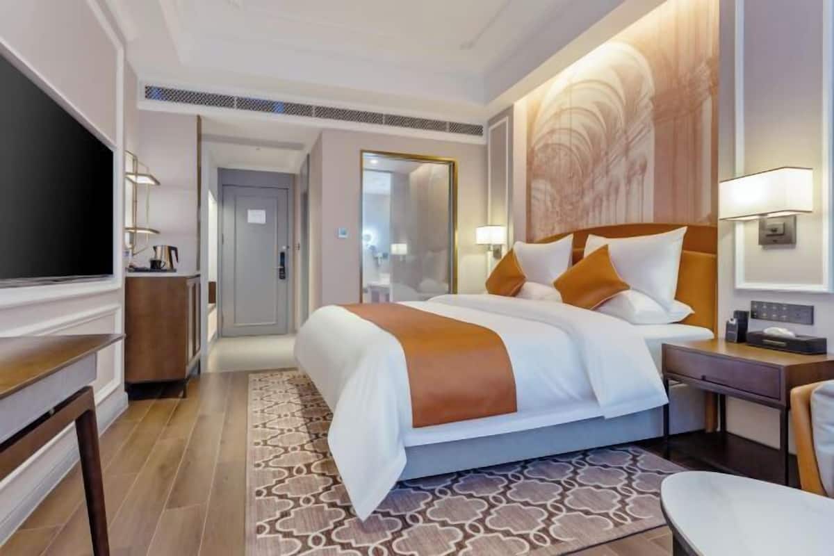 Ein modernes Hotelzimmer mit einem großen Bett, Nachttischen, einem Flachbildfernseher und einem gemusterten Teppich.