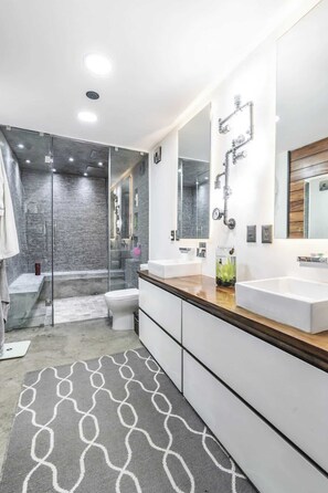 Douche, sèche-cheveux, shampoing