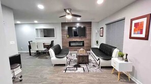 TV, fireplace, offices
