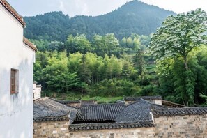 Traditional architecture with tiled roofs, a mountainous backdrop, and a building with a white facade.