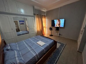 A bedroom with a bed, a TV, a wardrobe, and a mirror.