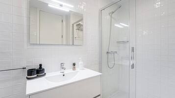 Shower, hair dryer, towels