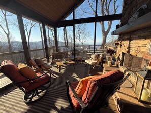 Télévision, cheminée, lecteur de DVD, livres