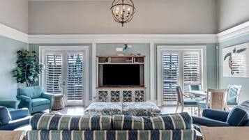 Smart TV, fireplace, video games, stereo