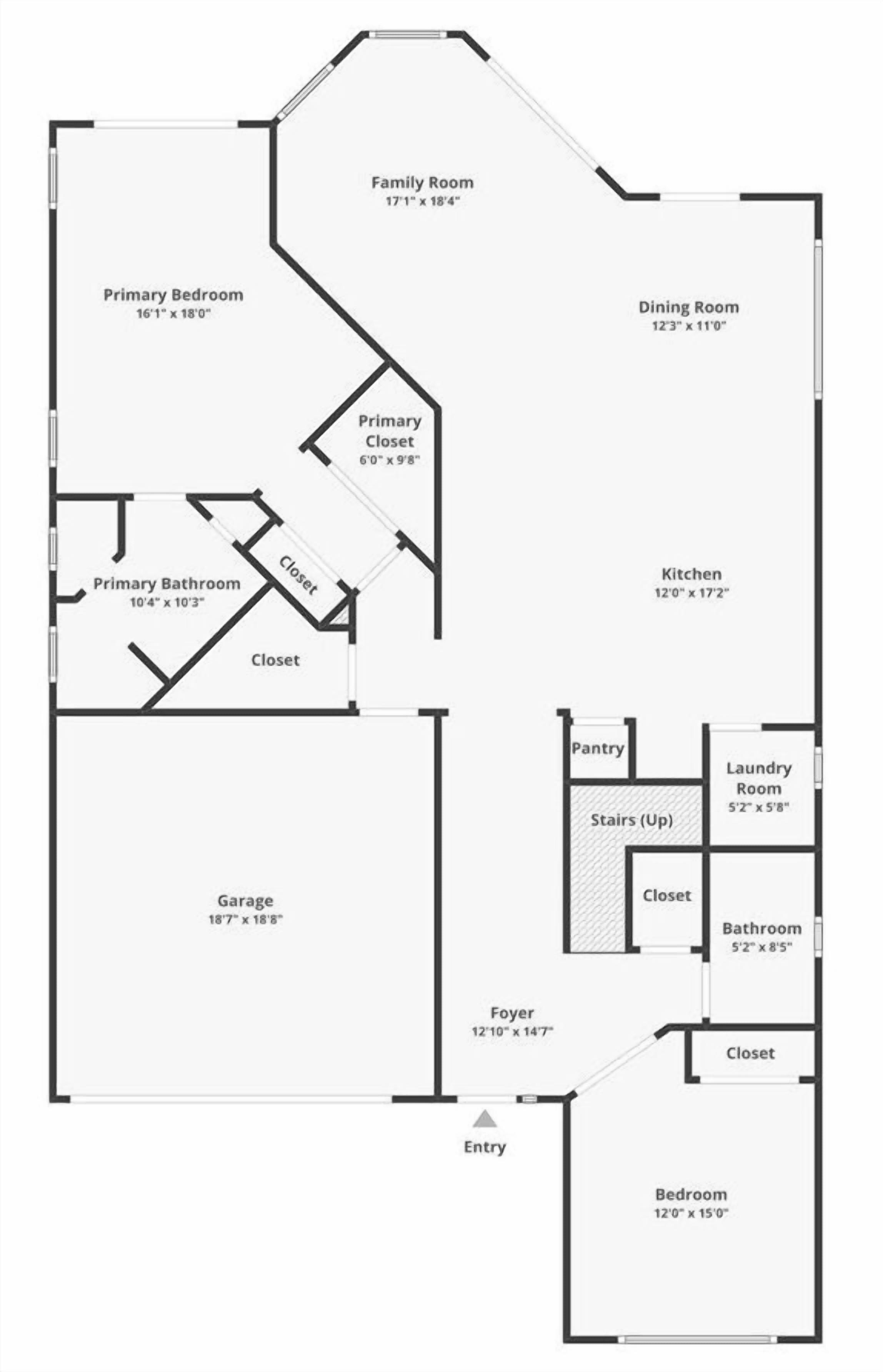 A floor plan of a house with a family room, dining room, kitchen, primary bedroom, primary bathroom, garage, pantry, laundry room, and multiple closets.