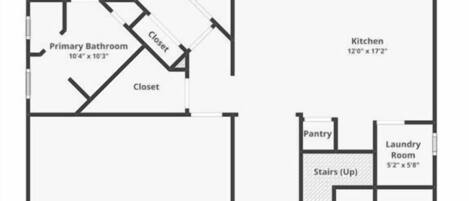 A floor plan of a house with a family room, dining room, kitchen, primary bedroom, primary bathroom, garage, pantry, laundry room, and multiple closets.