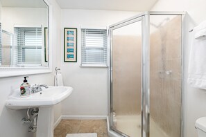 Hair dryer, towels, soap, shampoo