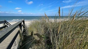 A wooden boardwalk leading to a beach with tall grasses and a clear blue sky. - Appartement Ocean Suite - Ocean Suite (Wenningstedt-Braderup (Sylt))