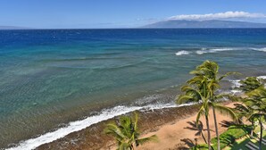 Une plage à l’eau turquoise et limpide, bordée d’un rivage sablonneux et de palmiers.