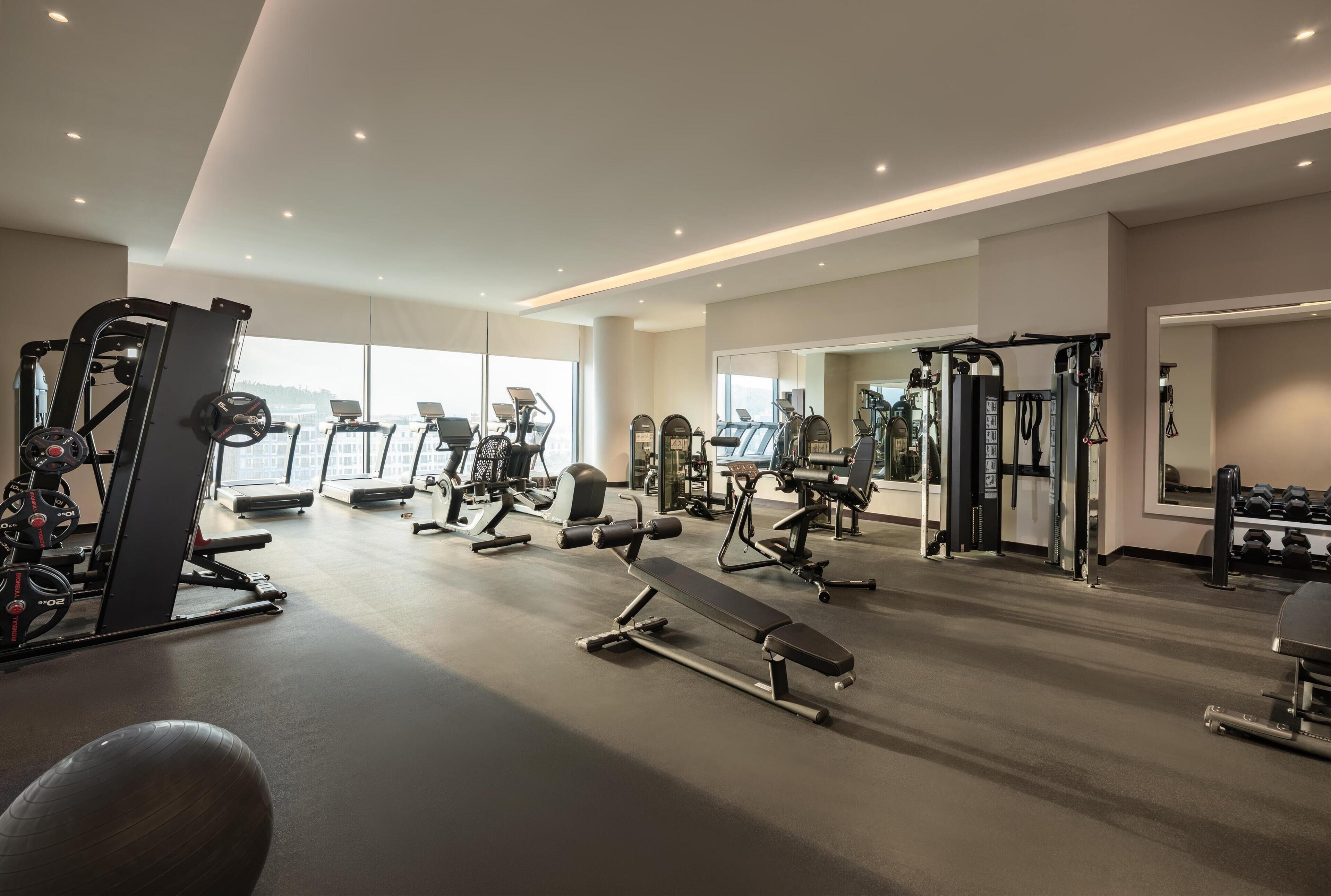 Un gimnasio moderno con diverso equipo de ejercicio, amplias ventanas y un espacio diáfano.