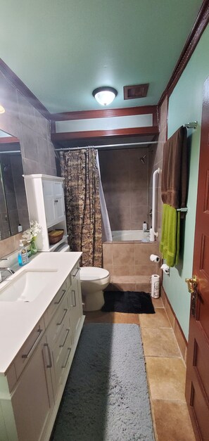 A bathroom with a shower, toilet, sink, and cabinets. - Magnificent 2 Bedroom, Loft Close to Downtown Duplex (Indianapolis)