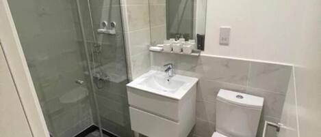 A compact bathroom with a glass shower enclosure, a white sink, a toilet, and a mirror above the sink.