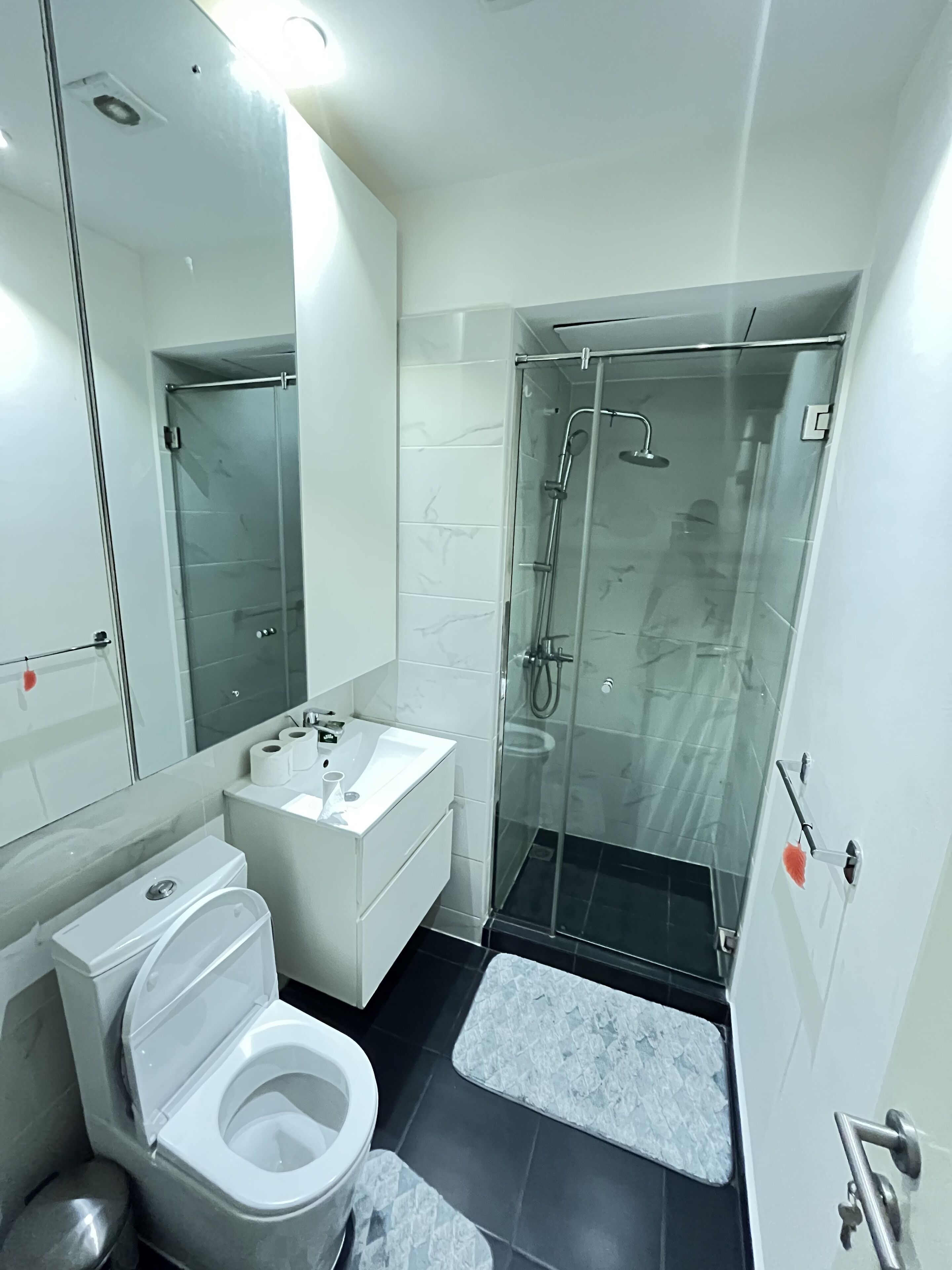 Een moderne badkamer met toilet, wastafel en douchecabine met glazen wanden.