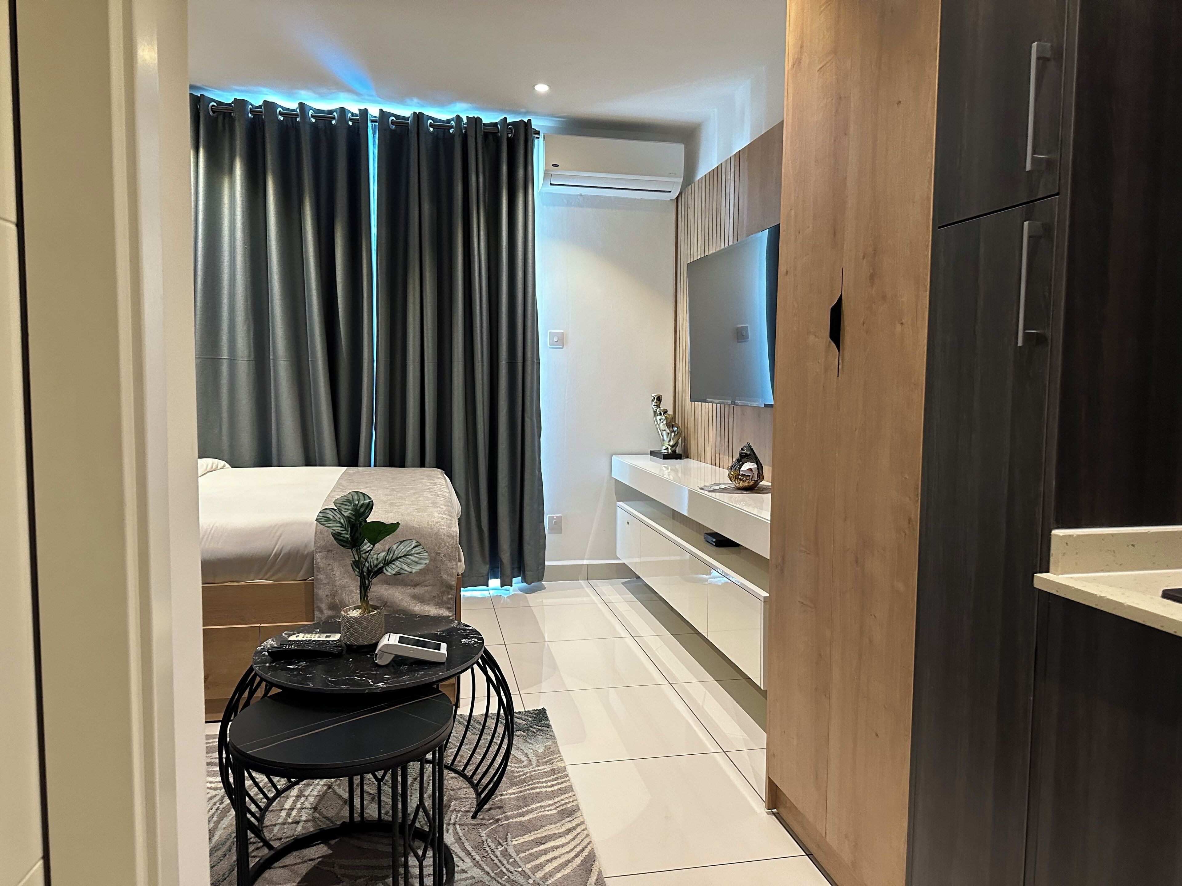 Una camera d'hotel moderna con un letto, un tavolino con una pianta, una televisione e un armadietto in legno.