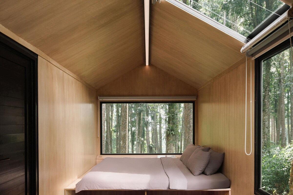 Un intérieur moderne avec un plafond en bois, une grande fenêtre donnant sur la forêt et un lit intégré avec des oreillers.