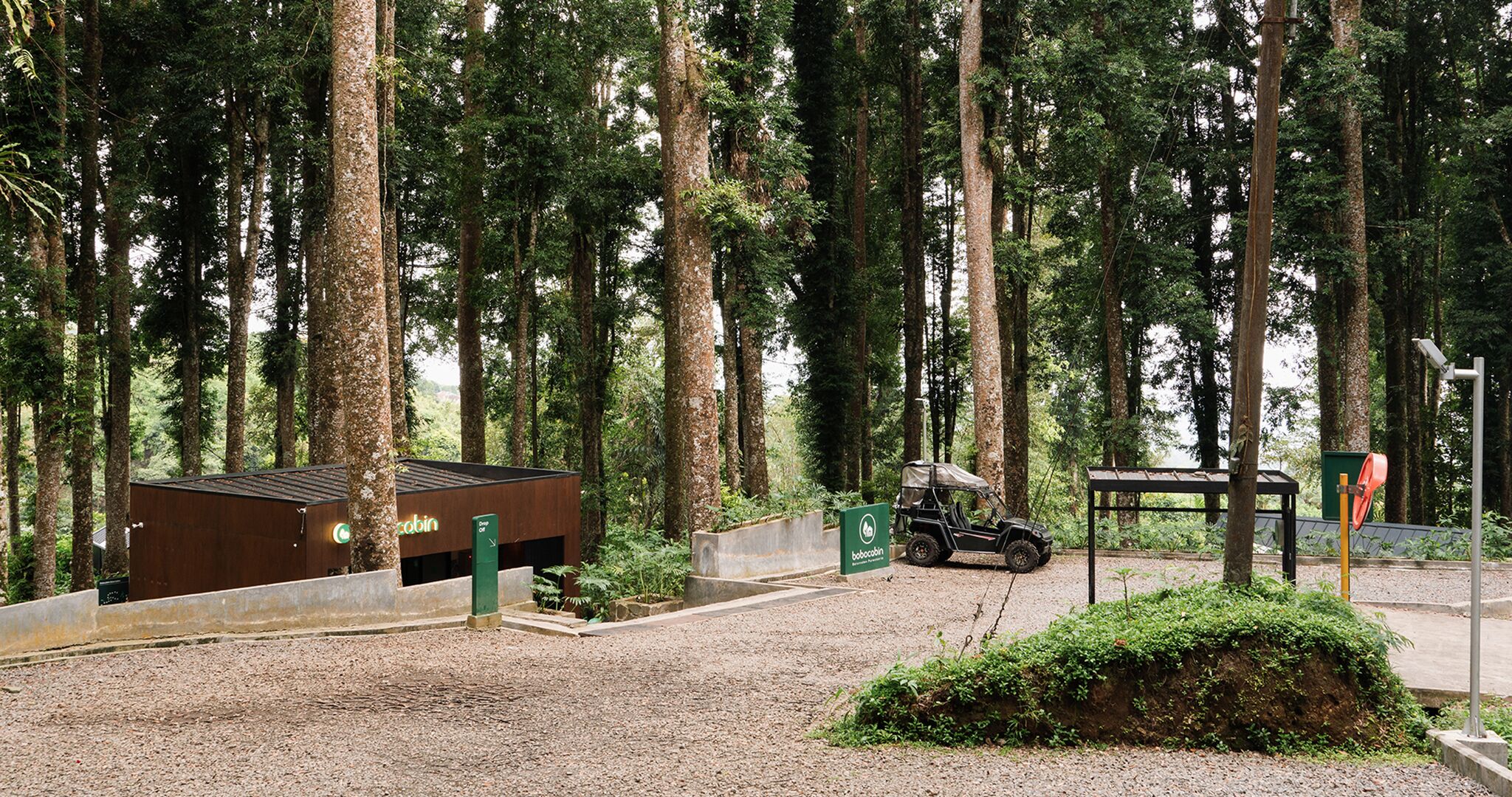 A forested area with a cabin labeled 'Bobocabin' and a jeep parked in front.