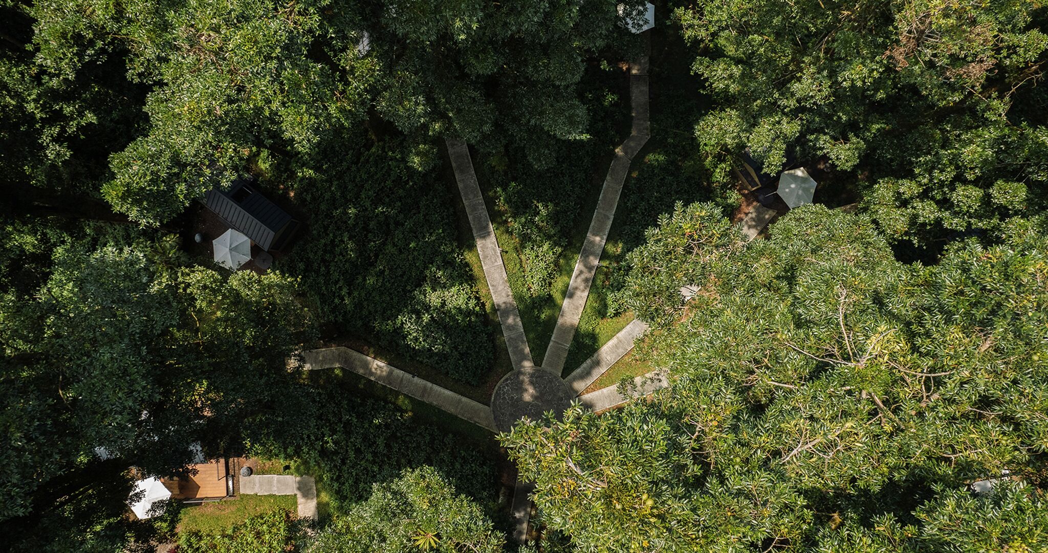 An aerial view of a property with a central courtyard surrounded by dense foliage, a small building with a sloped roof, and a paved pathway leading to the entrance.