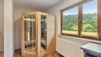 A corner room with a glass-enclosed sauna, a window with a view of a forest, and a radiator.