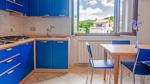 Een moderne keuken met blauwe kastjes, een gasfornuis en een raam met uitzicht op een woonwijk.